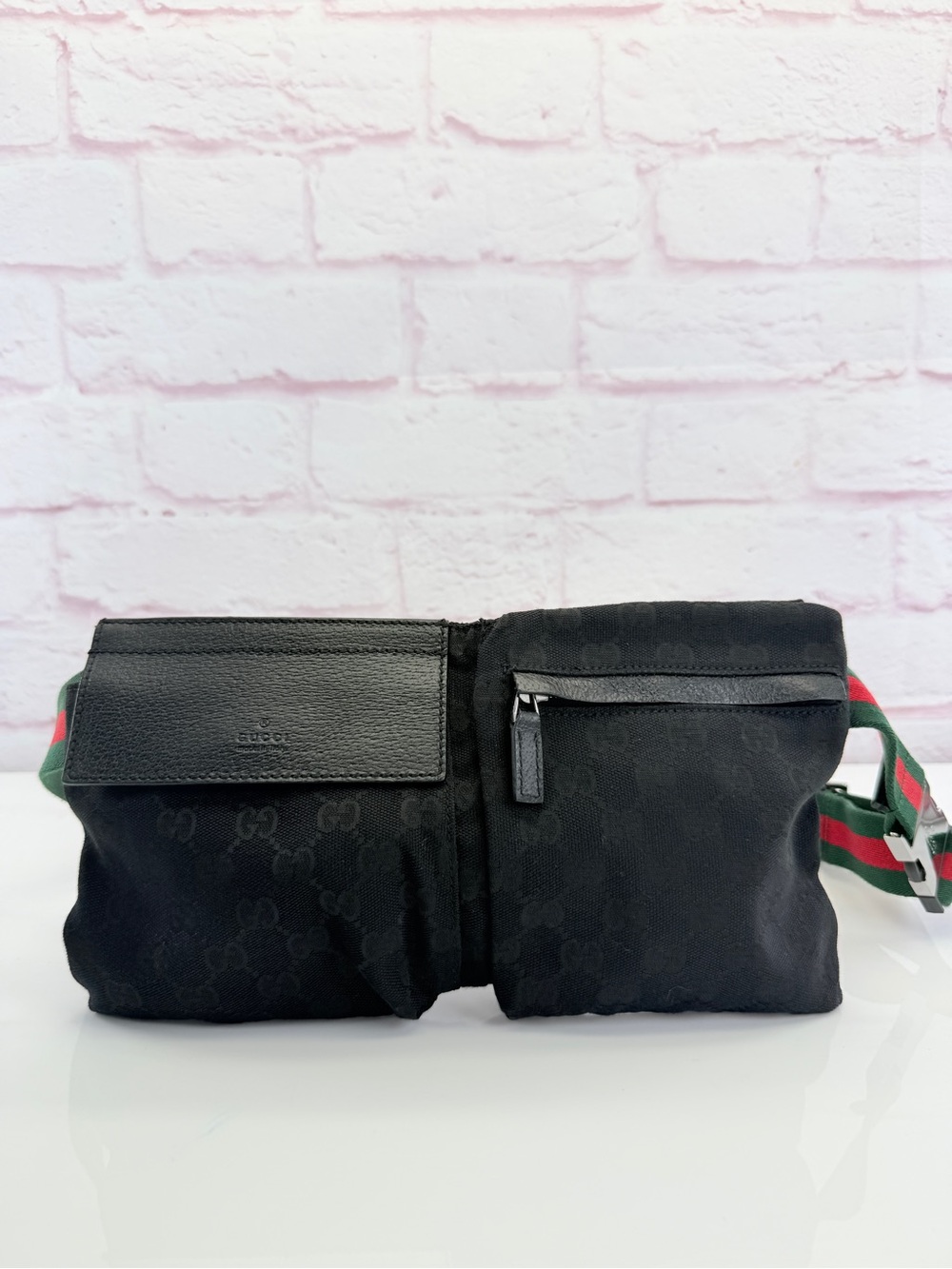 Gucci GG Monogram Web Double Pocket Belt Bag Black